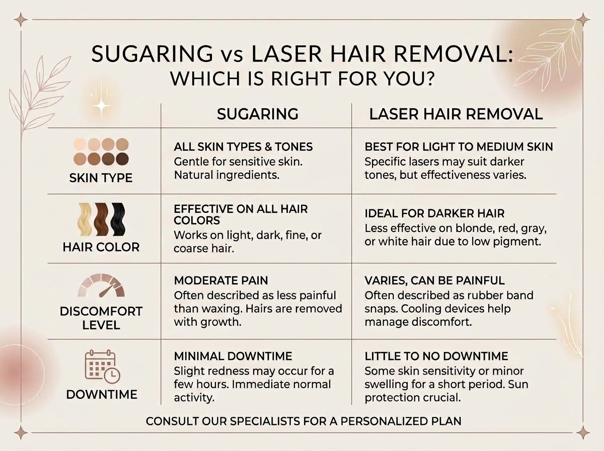 Sugaring vs Laser Hair Removal decision guide comparison infographic Ambriata Beauty Bellevue